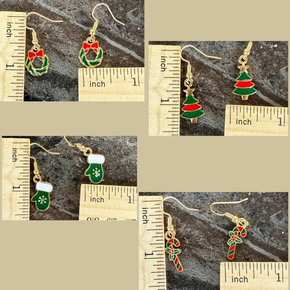 Christmas Earrings Set Gold Tone Red Green Enamel Holiday Jewelry Giftable - Picture 7 of 8
